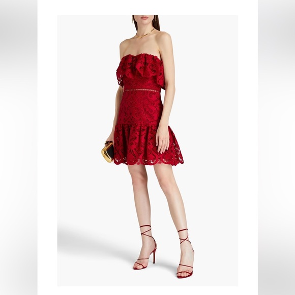Monique Lhuillier Strapless Red Lace Cocktail Mini Dress | 6 - Picture 4 of 8